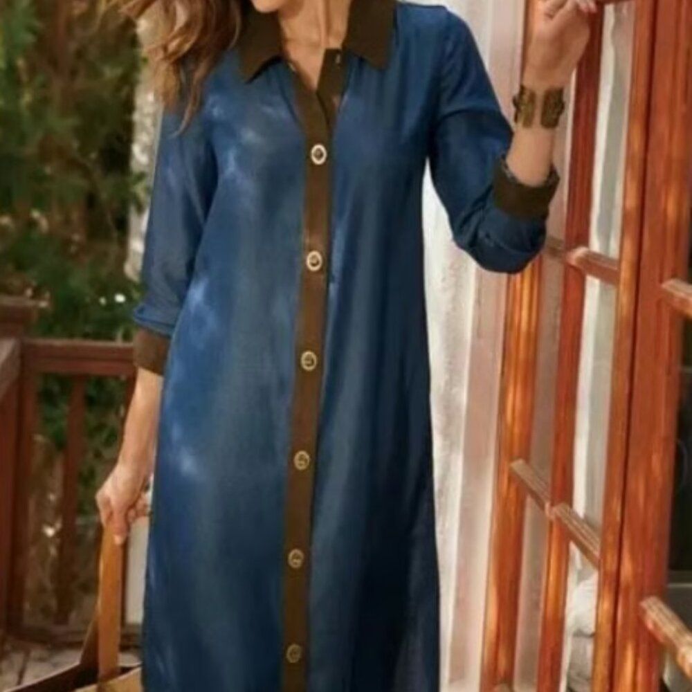 Soft Surroundings Icon Urbina Dress Denim Suede Trim and Toggle closure (SZ M)